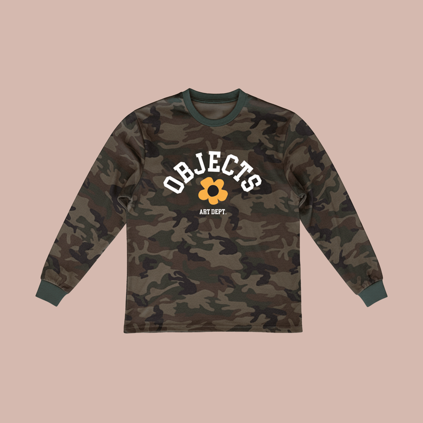 Objects Art Dept Camo long sleeve shirt featuring a bold logo and flower mascot design.