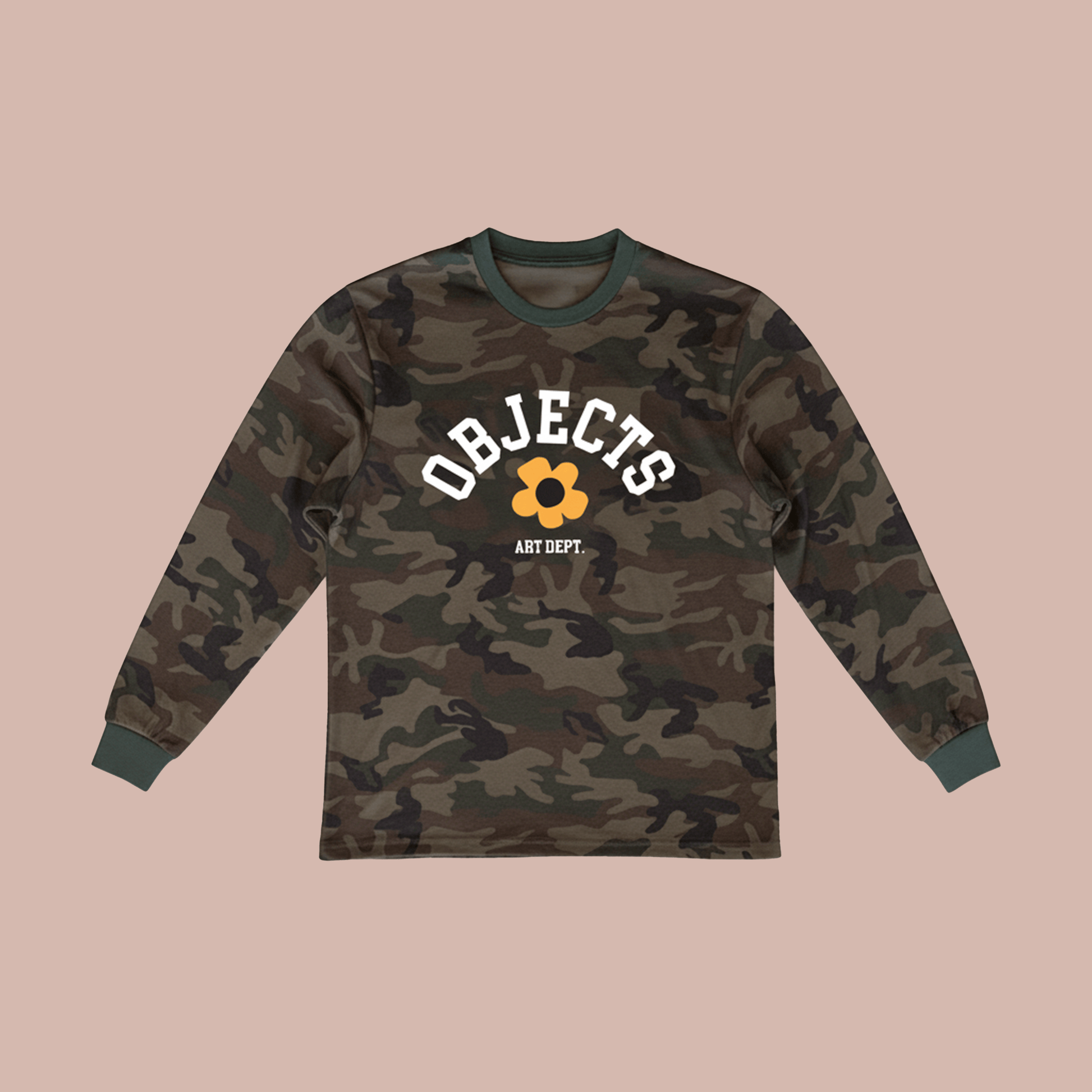 Objects Art Dept Camo long sleeve shirt featuring a bold logo and flower mascot design.