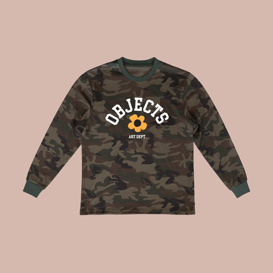Objects Art Dept Camo long sleeve shirt featuring a bold logo and flower mascot design.