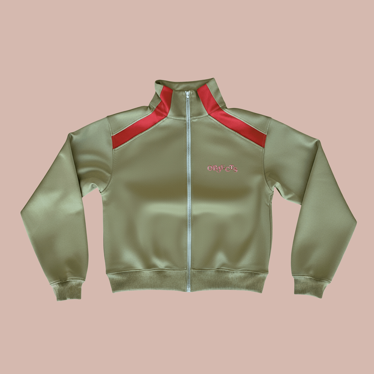 Objects Flower Shop Track Jacket in soft green with bold red shoulder stripes and a vintage-style graphic.