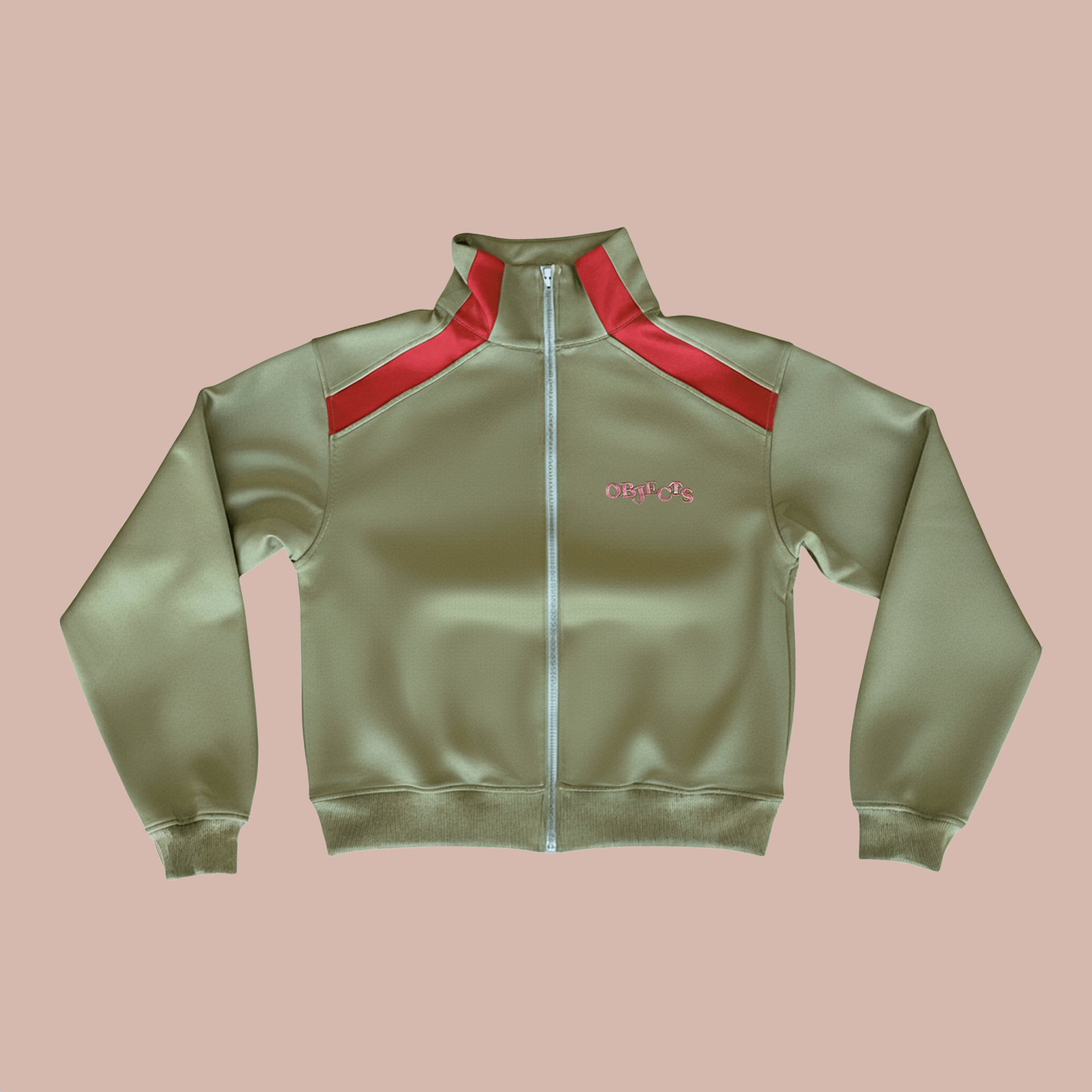Objects Flower Shop Track Jacket in soft green with bold red shoulder stripes and a vintage-style graphic.