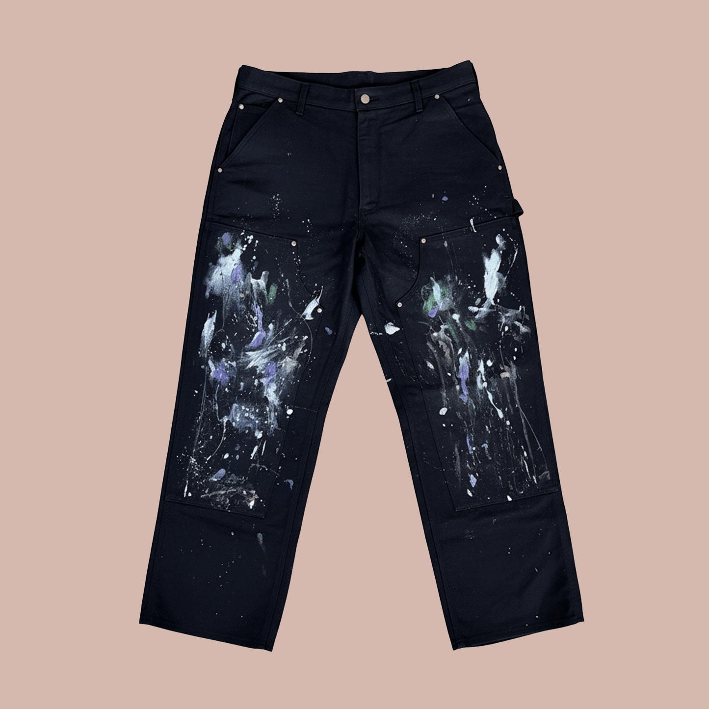 Objects Painted hand painted work pants by Steven Othello x Carhartt with unique splashes and wider leg design.