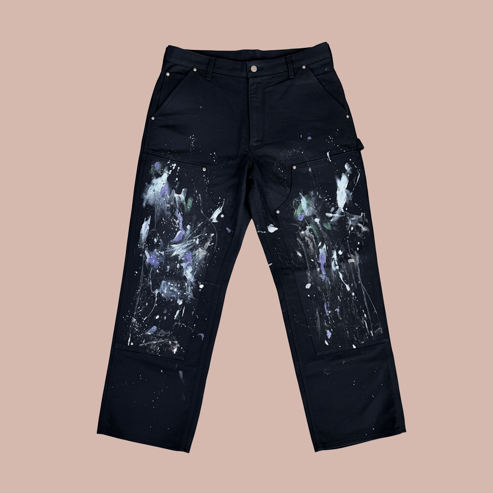 Objects Painted hand painted work pants by Steven Othello x Carhartt with unique splashes and wider leg design.