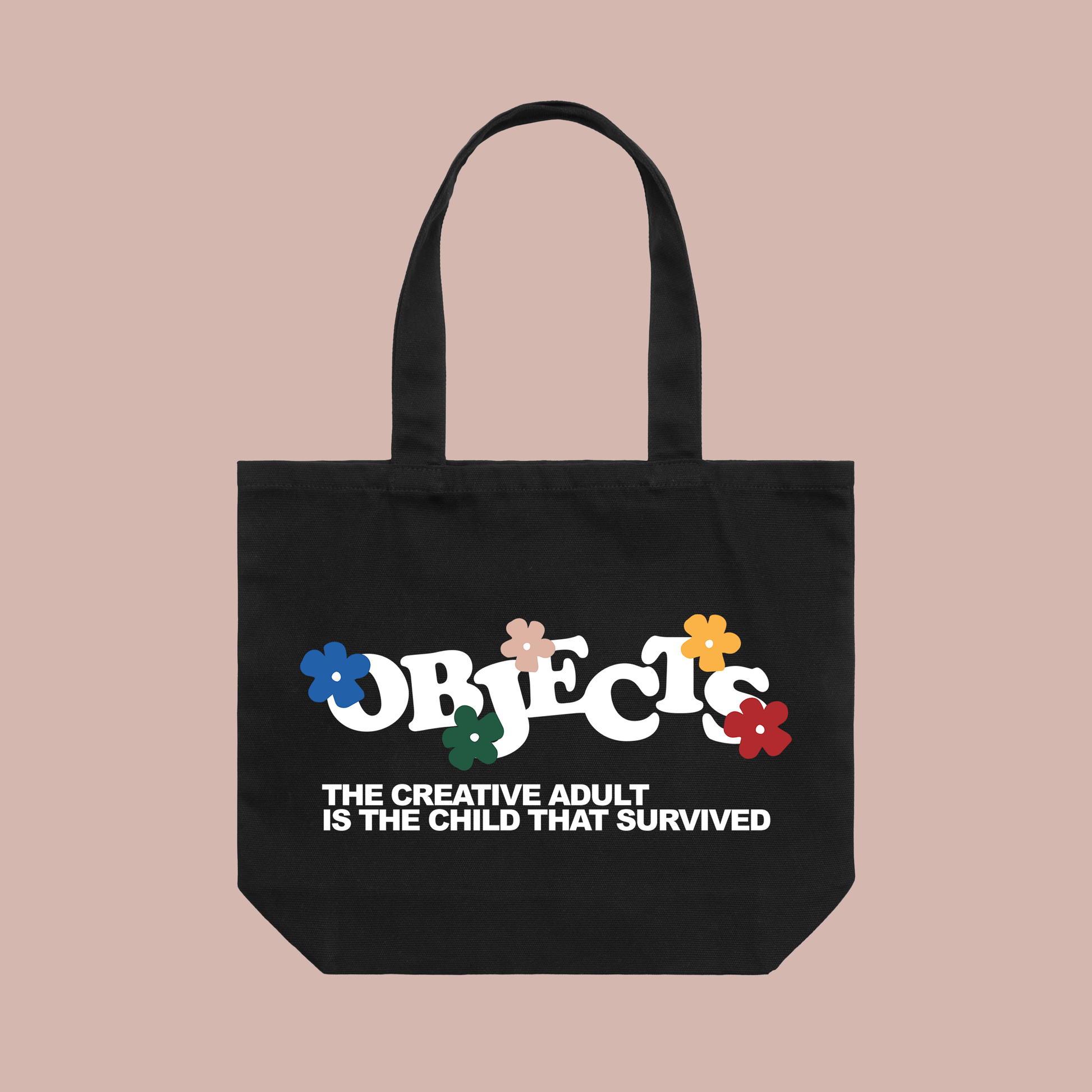 Inner child tote bag featuring the playful logo and quote about creativity and adulthood.