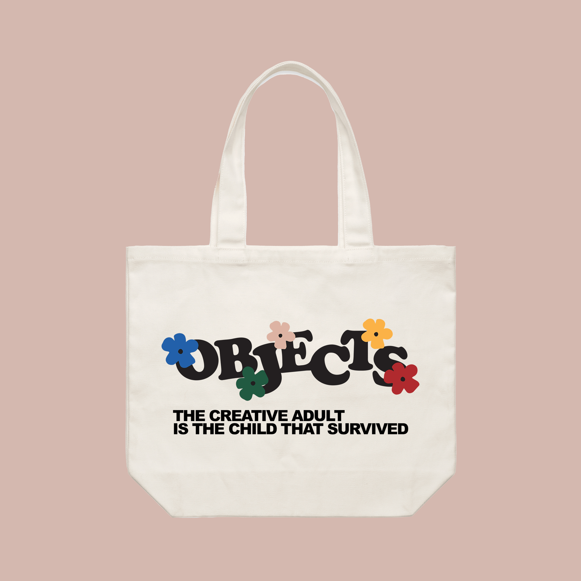 Objects Inner Child Tote Bag featuring playful logo and inspiring quote for creative adults.