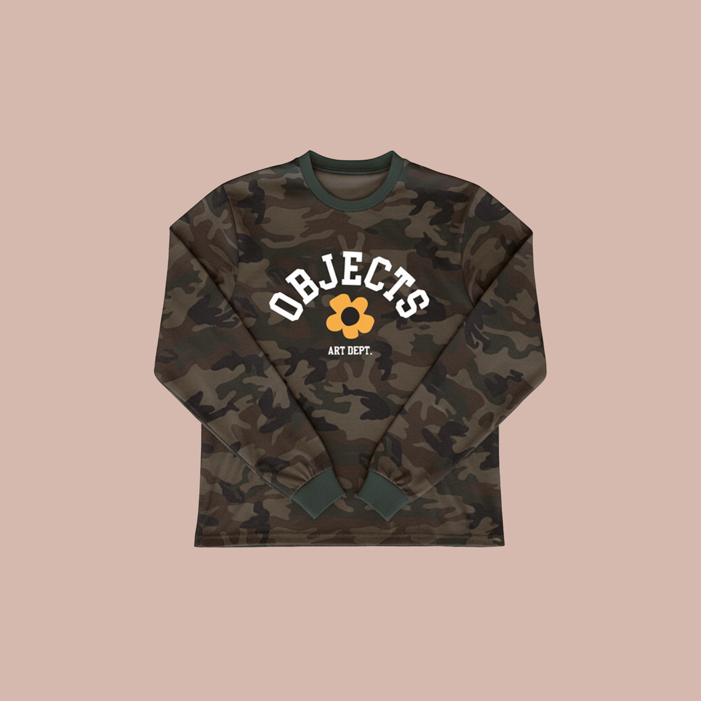 camo long sleeve shirt featuring a bold varsity logo and flower mascot on a woodland camo base.
