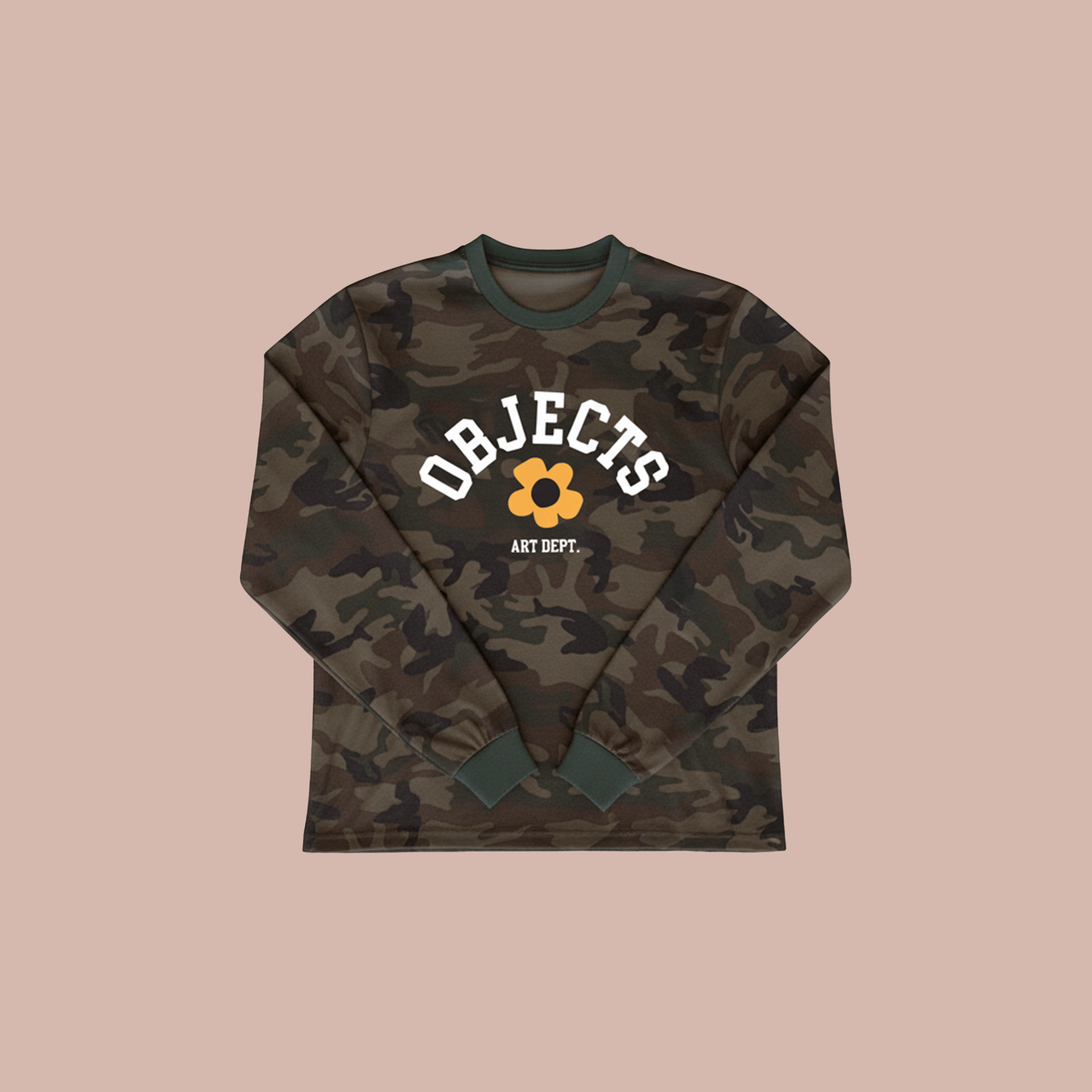 camo long sleeve shirt featuring a bold varsity logo and flower mascot on a woodland camo base.