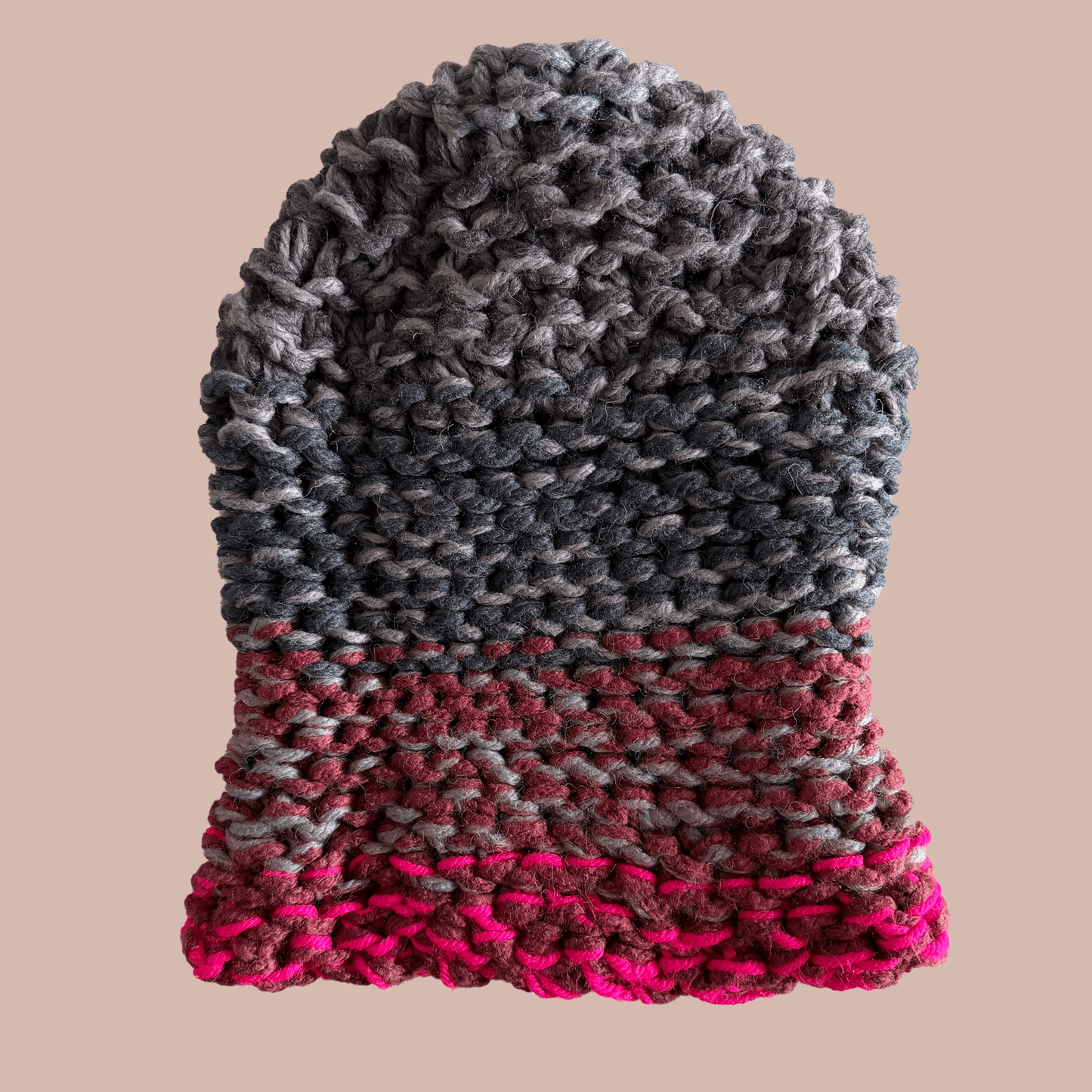 Hand knitted crochet hat in shades of gray and pink, uniquely crafted and one of a kind by Kristine Wong Chong.