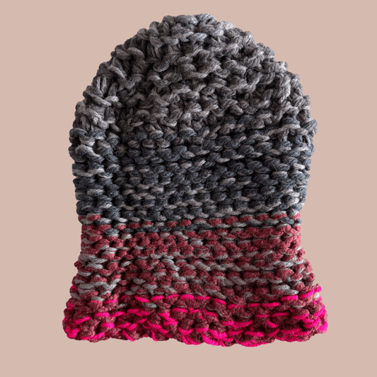 Hand knitted crochet hat in shades of gray and pink, uniquely crafted and one of a kind by Kristine Wong Chong.