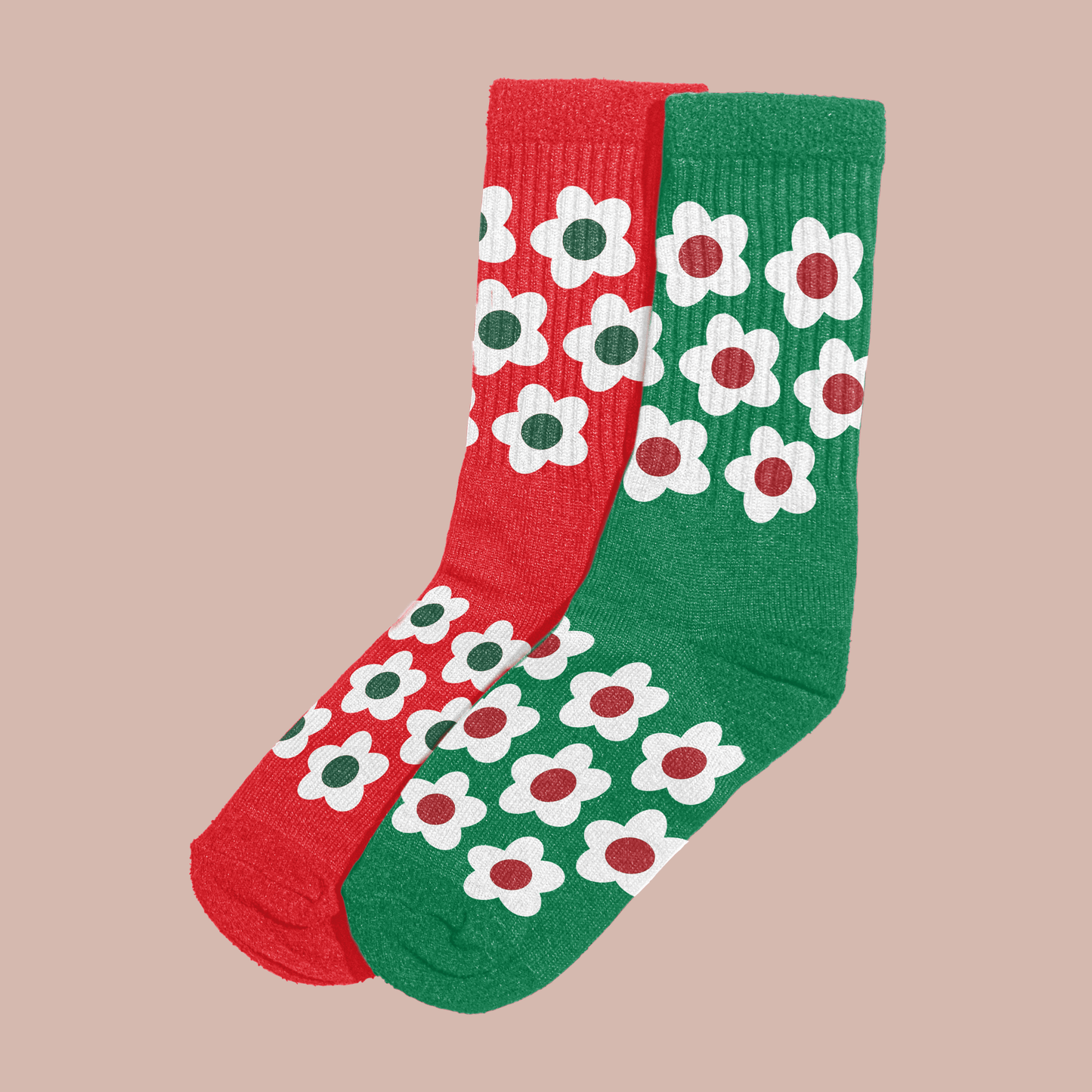 Red/Green Bloom Socks two pack by Steven Othello featuring playful flower prints, perfect for adding color and comfort.