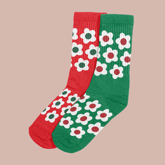 Red/Green Bloom Socks two pack by Steven Othello featuring playful flower prints, perfect for adding color and comfort.