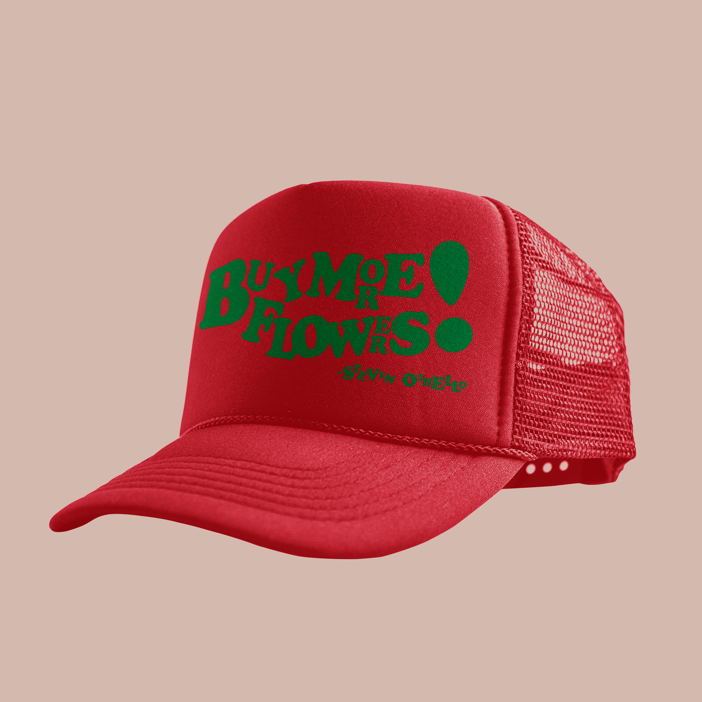 Buy More Flowers trucker hat in red with green text for a fun and stylish reminder to show love and treat yourself.
